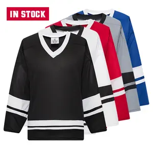 Maillot de Hockey sur glace vierge, produit pour adulte, aux couleurs rouges avec rayures horizontales blanches et bleues, vente en gros