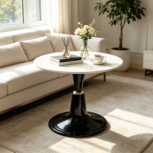 Modern <b>Round</b> <b>Side</b> <b>Table</b> White Tabletop Glossy <b>Black</b> Pedestal Base Silver Decor Ring Living Room <b>Table</b> Hotel Accent Furniture - Product Image 5