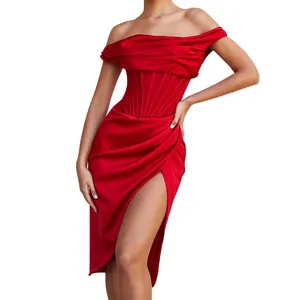 Nillperi Gaun Korset Midi Drape Asimetris Merah Gaun Pesta Pakaian Seksi Satin Belahan Tinggi Selebriti Elegan