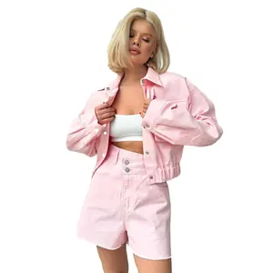 KY High Quality Suits Set for Women with Denim Fabric Short Length Pink Sweat Suit and Button Fly Short Ladies Casual Suits