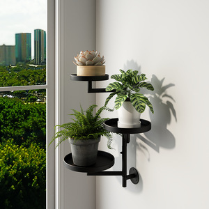 3 Tier Black Metal <b>Wall</b> <b>Mounted</b> <b>Plant</b> Stand Round Adjustable Indoor Flower Holder For Home Decor - Product Image 1