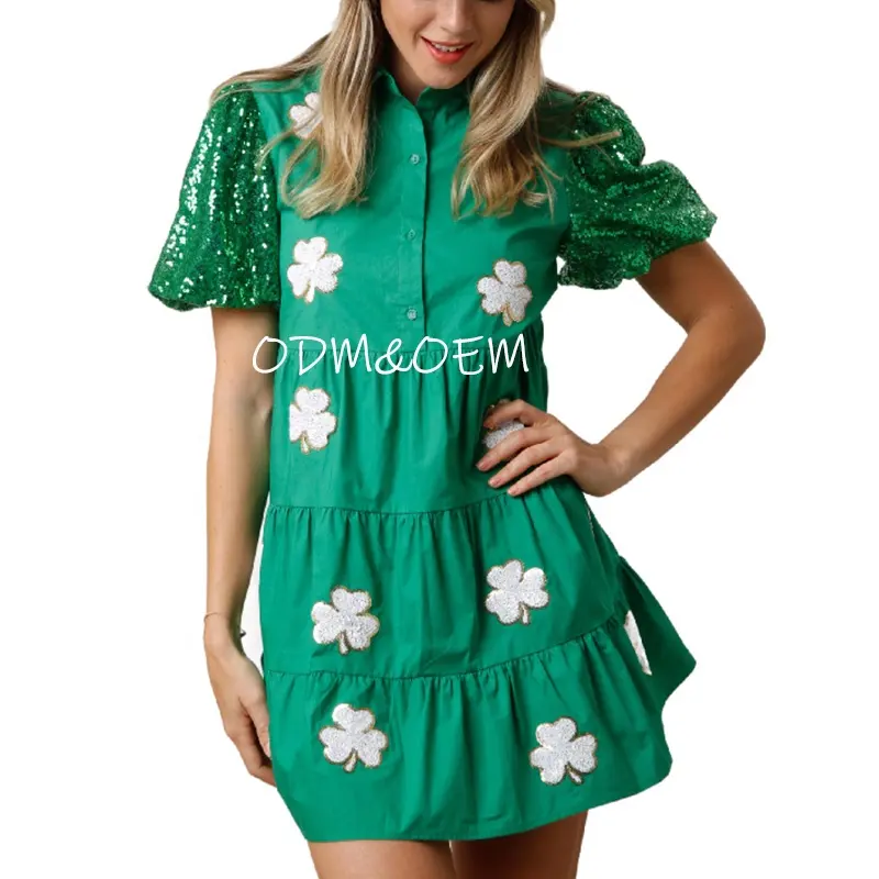 Vestido de lentejuelas WINGTU personalizado con etiqueta privada verde abotonado con parche de flores destellos para mujer