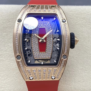 Montre squelette mécanique de luxe pour femme, qualité supérieure, mouvement ZF factory CRMA2, RM07, or rose, diamants, cadran rouge. - Product Image 1