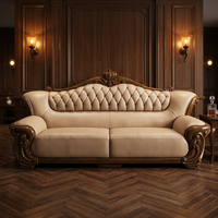 Juego de Sofás Seccionales de Madera Maciza de Estilo Europeo, Diseño Cómodo y Duradero en Cuero Genuino para Sala de Estar, Apartamento, Villa, Hotel