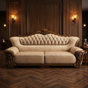 Ensemble de canapés sectionnels de style européen en bois massif avec revêtement en cuir véritable, design durable pour salon, appartement et villa - Product Image 2