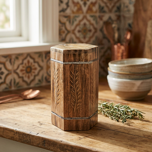 Wooden Cremation Urn Carved Leaf Design Natural Finish Hexagonal <b>Memorial</b> <b>Box</b> for Adult Commemoration - Product Image 3