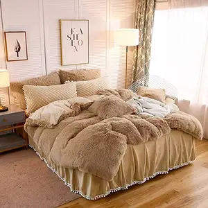 Kamel farbe Lange Plüsch Shaggy Bettbezug-set Luxus Ultra Weiche Kristall Samt Bettwäsche Sets