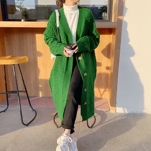 Оптовая продажа, утепленный зимний зеленый свитер большого размера, куртка, Женский длинный вязаный кардиган длиной до колен