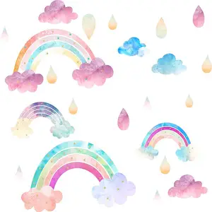 Decor Smiley Regenbogen Sonne Wolken Druckbare Aquarell Regentropfen Schälen und Stick Wand Aufkleber für Kinder Aufkleber