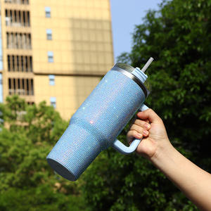 Wholesale Bulk 40oz Stainless Steel Tumblers Double Wall Vacuum Insulated with Rhinestone Bling Handle Straw for <b>Coffee</b> Beer - Product Image 6