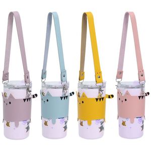 Fundas Protectoras Reutilizables para Café, Portavasos de Cuero PU, Portabotellas con Diseño de Gato y Correa - Product Image 1