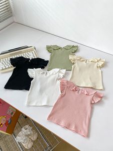 ฤดูร้อนเด็กทารกใหม่บินแขนเสื้อตุ๊กตาคอบัวสีทึบRibbedบางเสื้อยืดเด็ก - Product Image 2