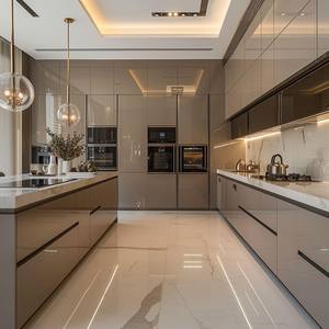 Armoire <span class=keywords><strong>de</strong></span> <span class=keywords><strong>cuisine</strong></span> au design moderne personnalisée, <span class=keywords><strong>peinture</strong></span> cuite à haute brillance brun chaud <span class=keywords><strong>pour</strong></span> la maison - Product Image 1
