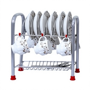 Étagère à vaisselle en métal à double niveau avec supports pour tasses, résistante à la rouille, support de rangement pour la vaisselle de cuisine, type moderne sur pied - Product Image 1
