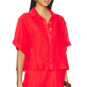 Women's Custom Luxury Casual <strong>Red</strong> Linen Blouse Turn-Down Collar Short Sleeve <strong>Cropped</strong> Button Down <strong>Top</strong> - Product Image 4