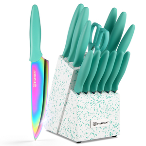 <span class=keywords><strong>Set</strong></span> di 14 <span class=keywords><strong>coltelli</strong></span> in acciaio ad alto tenore di carbonio con rivestimento in <span class=keywords><strong>titanio</strong></span> arcobaleno, senza ruggine, con supporto in legno e forbici da cucina - Product Image 1