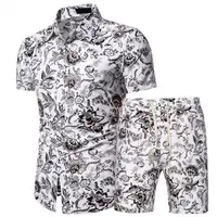 गर्मियों पुष्प श्रृंखला मुद्रित फैशन पुरुषों दो टुकड़ा सेट कपड़े लघु आस्तीन शर्ट और शॉर्ट्स