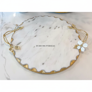 Plateau de service de forme ronde en marbre de première qualité avec fleurs en métal Poignées de designer Fournitures d'ustensiles de cuisine - Product Image 1