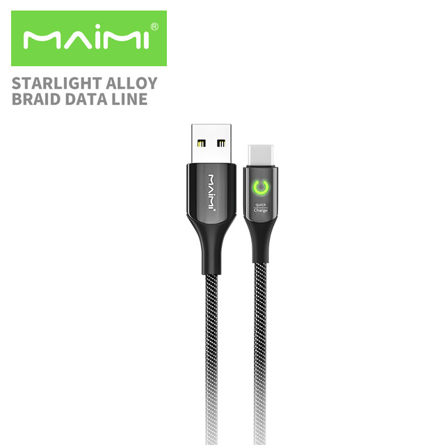 Maimi X62 USB C Cable with LED Light Nylon Braided Cable Black Pure Copper Fast Charging for Iphone Micro Type-c Charger Cable