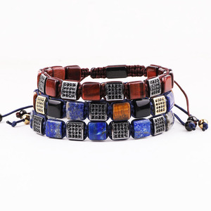 Bracelet d'<span class=keywords><strong>amitié</strong></span> tressé pour homme avec pierres naturelles œil <span class=keywords><strong>de</strong></span> tigre et <span class=keywords><strong>lapis</strong></span>-<span class=keywords><strong>lazuli</strong></span> <span class=keywords><strong>de</strong></span> forme carrée 8x8mm pour la création <span class=keywords><strong>de</strong></span> bijoux - Product Image 1