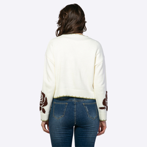 <span class=keywords><strong>Pull</strong></span> court tricoté à col rond pour <span class=keywords><strong>femme</strong></span>, motif intarsia fer à cheval rose western, bord ondulé vert contrastant, fabrication sur mesure - Product Image 6