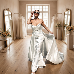 Robe de cocktail élégante vintage en dentelle perlée et satin, longueur cheville, col montant, taille ajustée, manches courtes, pour dîner formel - Product Image 3