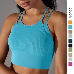 Free samples Seamless Crop Tank Top For Women Strappy Two-layer Design Sports Bra Fitness Workout For Girls Solid Medium Support