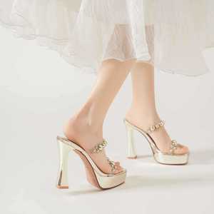 Sandales à talons compensés pour femme, plateforme, talon épais, bout ouvert, strass, bride arrière, tendance mode, couleur unie 9696-10 - Product Image 3