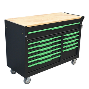 Premium Black and Green Rolling Tool Cabinet with 12 <b>Lockable</b> <b>Drawers</b> and Wooden Worktop for Garage Use - Product Image 3