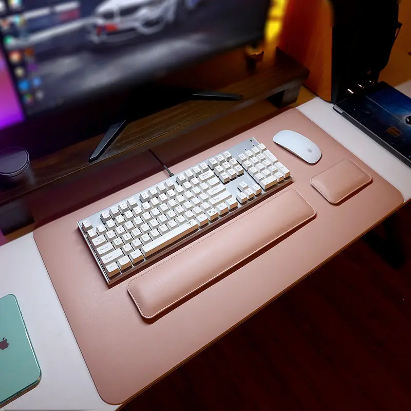 Tapis de souris en cuir PU double face pour clavier Repose-main pour clavier et poignet Support de poignet pour ordinateur de bureau