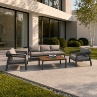 Ensemble de meubles de patio gris anthracite 4 pièces, canapé 3 places, 2 fauteuils, table basse avec plateau en bois, structure en métal pour jardin et cour