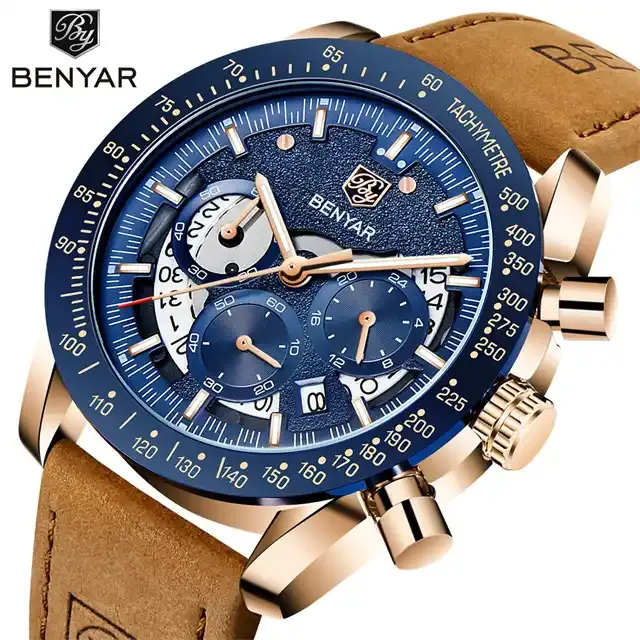 Benyar 5120n Watches Relojes Hombre New Men's Business Alloy Casual Stainless Leather Strap Quartz 5120 Wristwatch Fashion Watch