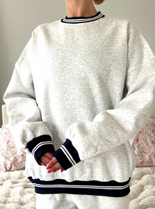 Oversized White Cotton Crewneck <b>Sweatshirt</b> with <b>Pink</b> Striped Cuffs and Hem Unisex Pullover Spring Casual Top - Product Image 2