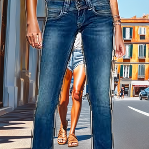 Jean droit taille mi-haute pour femme, en denim lavable, coupe classique, bleu délavé, pour usage quotidien décontracté, été, tissé simple - Product Image 2