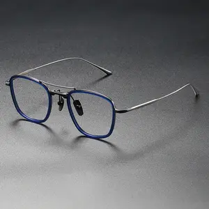 高品质飞行员纯钛眼镜方形蓝色遮光眼镜光学眼镜架