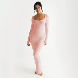 Vestido ajustado de manga larga con cuello cuadrado, de punto, color liso, corte ceñido, para fiesta o casual, transpirable, con cintura natural - Product Image 3