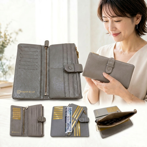 Portefeuille long multifonctionnel en cuir véritable japonais de luxe avec fermeture à bouton et porte-cartes amovible pour femmes - Product Image 1