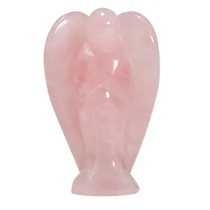 2" Handmade Pocket Healing Craft Statue Indoor Carved Natural Rose quartz Crystal Guardian Angel Figurines statues