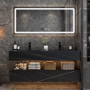 Minimalist hotel style rock slab integrated basin bathroom cabinet intelligent defogging <b>mirror</b> cabinet set - Product Image 6