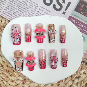 <span class=keywords><strong>Uñas</strong></span> Postizas Color Rosa Intenso con Diseño de Labios y Bikini con Estampado de <span class=keywords><strong>Leopardo</strong></span> 3D, <span class=keywords><strong>Uñas</strong></span> Acrílicas Reutilizables para Mujer, Suministro de Fábrica - Product Image 1