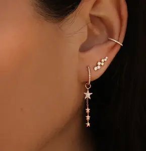 unique design two way wear put take out star dangle charm cz mini hoop fashion rose gold earring