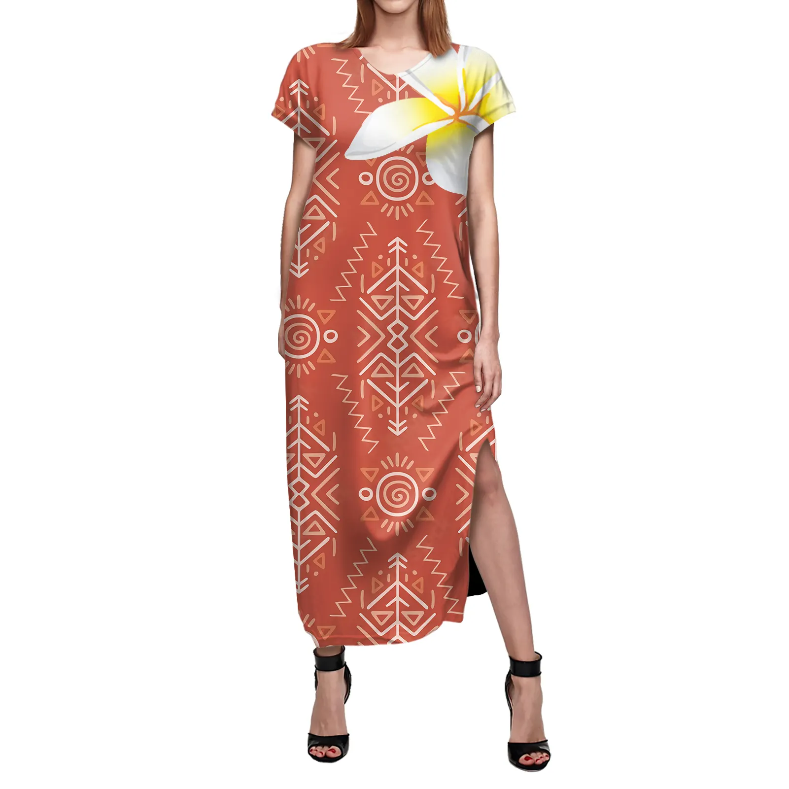 Vestido de manga corta de estilo étnico para mujer, vestido largo y sexi con estampado de isla polinesiana, color naranja