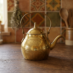 Vintage Brass Tea Kettle With <b>Lid</b> Metal Handle Decorative Engraved Design Water <b>Pot</b> Kettles - Product Image 4