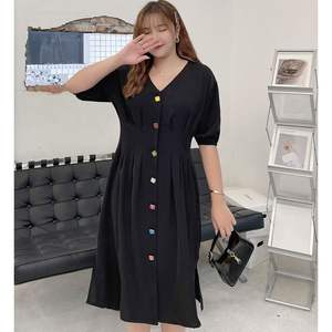 ชุดเดรสคอวีหรูหราสำหรับผู้หญิงไซส์ใหญ่สีพื้นพร้อมกระดุมหลากสีดีไซน์รัดเอว (N7982) - Product Image 4