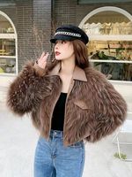 Manteau court élégant coupe-vent en vraie fourrure de raton laveur de luxe pour femme, vente en gros, directement de l'usine