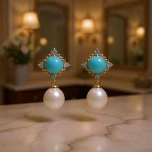 Orecchini Pendenti Dorati E3222 con Turchese e Perle Imitate, Gioielli Classici da Donna per Feste, Design Geometrico in Lega - Product Image 2