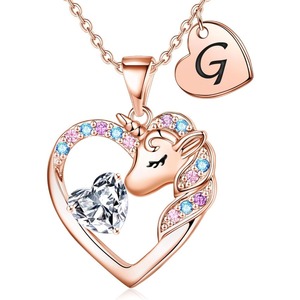 Trendy Heart Colored Zircon Unicorn Shaped Pendant <strong>Necklace</strong> 18K Gold Plated Link Chain 26 <strong>Initial</strong> Letters Optional <strong>Children's</strong> - Product Image 5