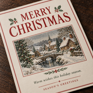 Biglietto d'Auguri Classico con Scena Natalizia, Cartolina Artistica Retrò con Villaggio Innevato, Biglietto di Auguri per le Festività Invernali - Product Image 3