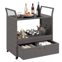 Chariot de service extérieur en osier, portable, avec grand espace de rangement, sur roulettes, pour jardin et barbecue