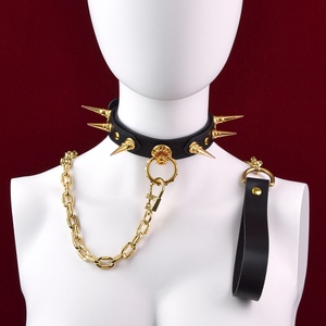 Gothic Leather BDSM <b>Collar</b> with Metal Rivets, Adjustable PU Neck Choker Optional Chain, Gold & Silver Studded <b>Bondage</b> Accessory - Product Image 4